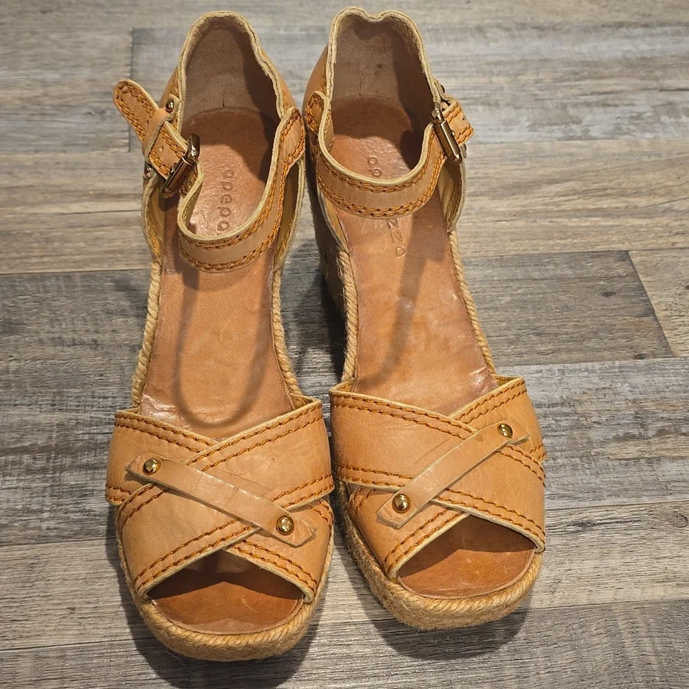 Apepazza‎ Tan Suede Espadrilles Leather Wedge Sandals Size 8.5